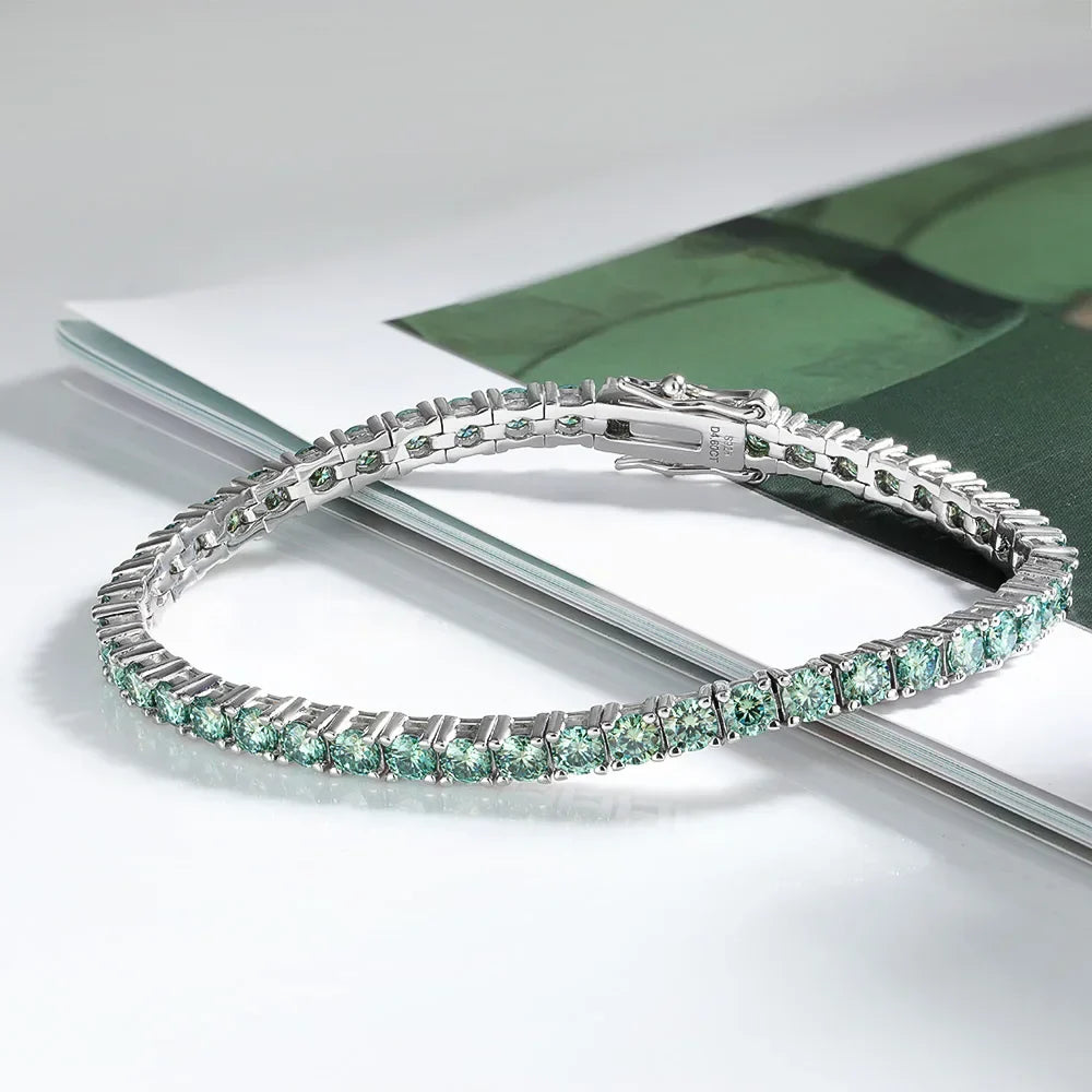 3mm Green Moissanite Tennis Bracelet for Women Man Anniversary Gift S925 Sterling Silver Bracelet Plated 18k Hand Chain