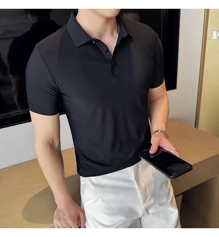 Ice Silk High Elastic Seamless T-shirt ,Summer Thin Polo Shirt, Solid Color Polo Collar Short Sleeve Brown Top, Business Leisure