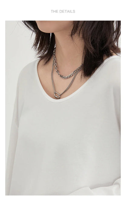 Women T-Shirts Loose Casual U-Neck Long Sleeve Female Tees Split Bottom Woman Top Ladies Clothing Autumn Spring 2023