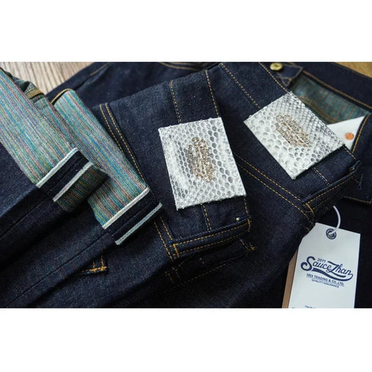 Mens Jeans Rainbow Sanforized Selvedge Denim Jeans Man Python Skin Labels Regular Fit 14 Oz
