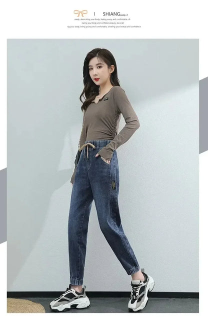 Cargo Jeans Women 2024 Spring and Autumn Korean Version of High Waist Pants Loose Slimming Straight Leg Bundle Haren Pants Tide