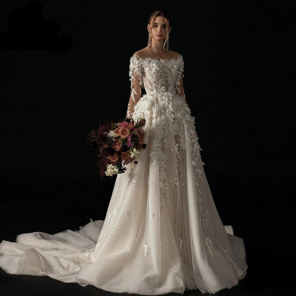 A-Line Elegant Wedding Dresses Boat Neck Long Sleeve Vestido De Novia Lace Appliques Flowers Chic Custom Made Bridal Gown