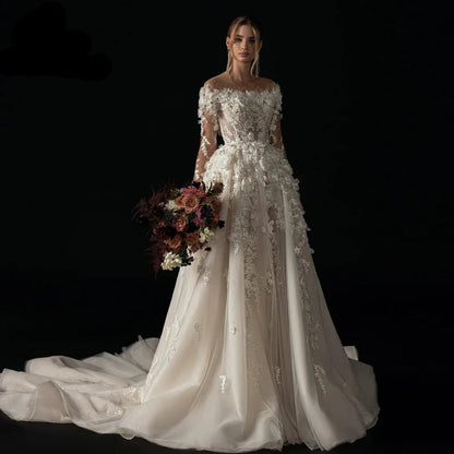 A-Line Elegant Wedding Dresses Boat Neck Long Sleeve Vestido De Novia Lace Appliques Flowers Chic Custom Made Bridal Gown