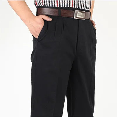 Double Pleated Straight Loose Casual Pants Men Classic Black Trousers High Waist Thick Autumn Cotton  Office Suit Pants 42 44 46