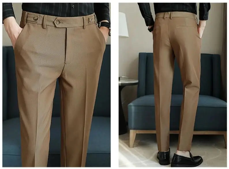 Pure Color Male Business Wedding Dress Pants Fashion Unique Design Men Waist Adjustable Suit Pant No Belt Slim Trousers Homme