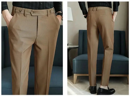 Pure Color Male Business Wedding Dress Pants Fashion Unique Design Men Waist Adjustable Suit Pant No Belt Slim Trousers Homme