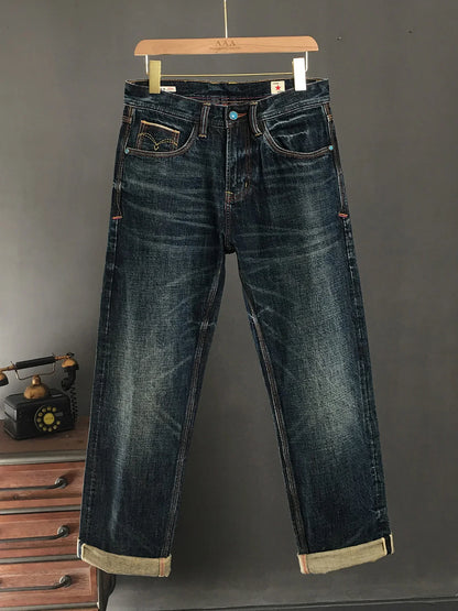 High Quality 100% Cotton Washed Yellow Selvedge Denim Jeans for Men American Vintage Casual Spring Autumn Loose Straight Pants