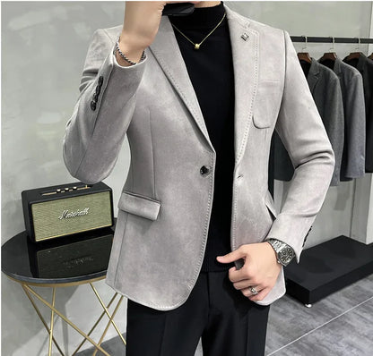 Men's Deerskin Fleece Suit Jacket 2025 Spring New High Quality Single Button Slim Fit Business Casual Suit Coat  Men Clothing