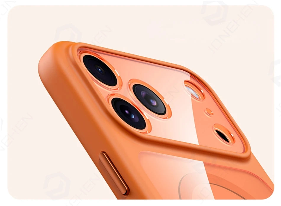 Magnetic Business Simplicity Shockproof Orange Bumper Camera Button Case For iPhone 17 16 15 14 Pro Max Clear Cover For Magsafe