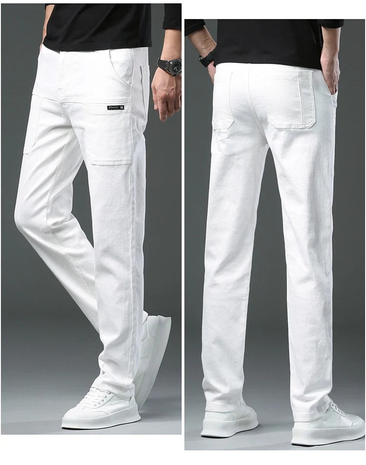 Spring and Autumn Men's Multi-Pocket Design Jeans Fashionable and Versatile White Khaki Red Comfortable Stretch Denim Pants