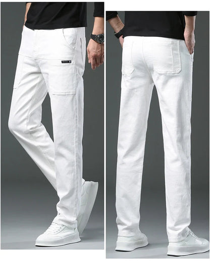 Spring and Autumn Men's Multi-Pocket Design Jeans Fashionable and Versatile White Khaki Red Comfortable Stretch Denim Pants