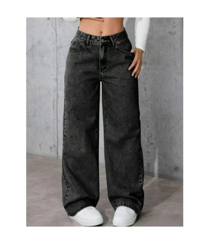 Women's Classic Wide Leg Stretch Jeans with Button  Soft Comfortable Autumn Winter Vintage Wash Stylish Jeans High Street Pants