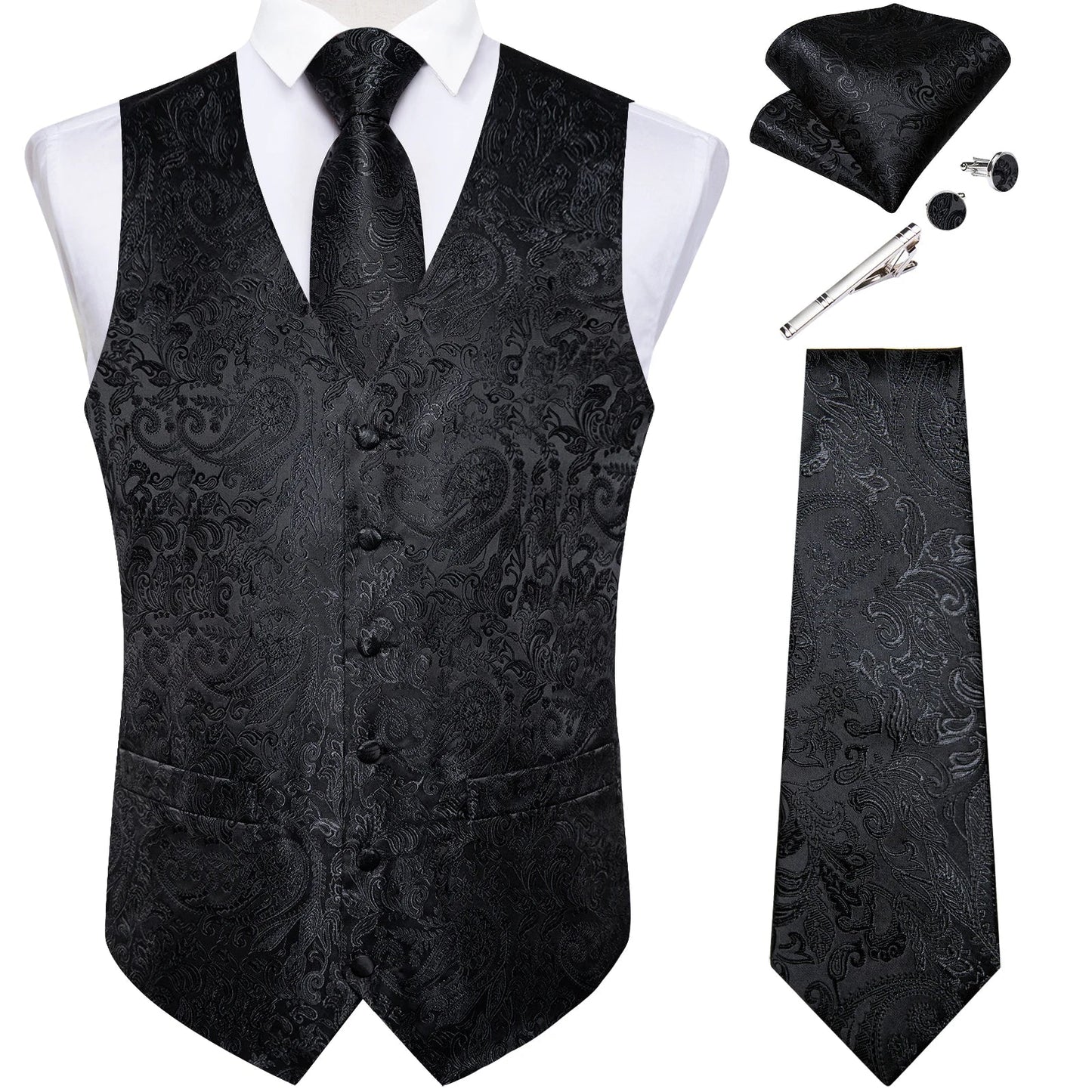 Suit Vest for Men Black Solid Paisley Wedding Prom Groom Jacquard Waistcoat with Necktie for Tuxedo Men Clothing
