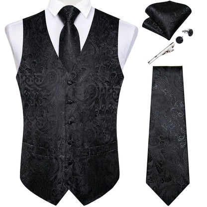 Suit Vest for Men Black Solid Paisley Wedding Prom Groom Jacquard Waistcoat with Necktie for Tuxedo Men Clothing