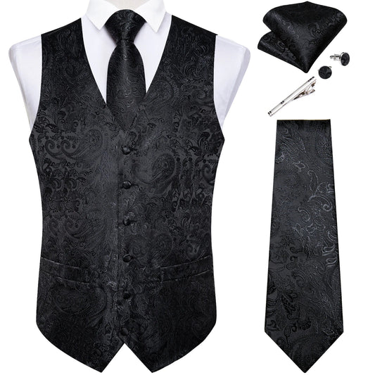 Suit Vest for Men Black Solid Paisley Wedding Prom Groom Jacquard Waistcoat with Necktie for Tuxedo Men Clothing