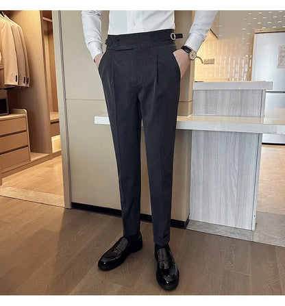 Autumn Winter High Waist Business Dress Pants Men Casual Belt Design Slim Suit Pants Formal Wedding Social Party Male Trousers