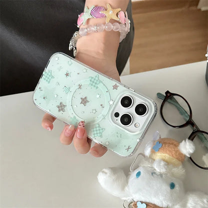 Fashion Mint Green Polka Dot Star Magnetic Stand Phone Case For iPhone 17 16 Pro 15 14 Pro Max Cover For Magsafe Cases Cute Capa