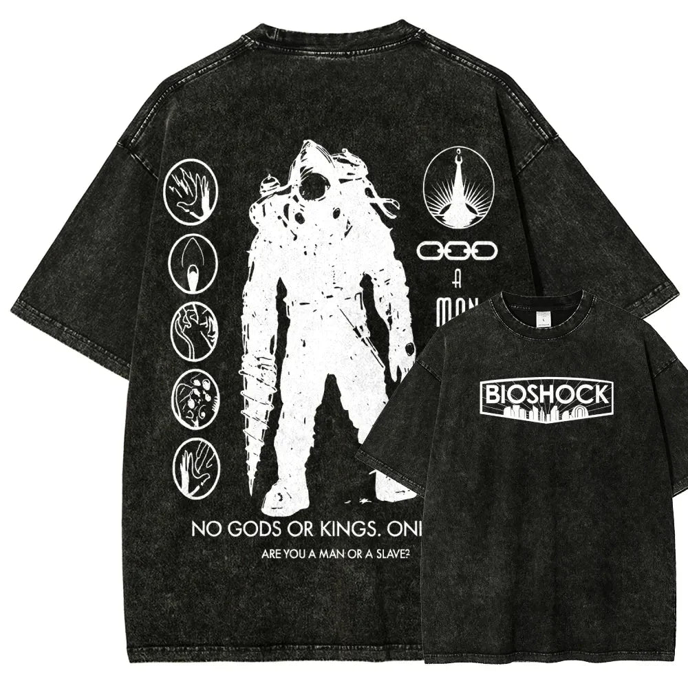 Classic Retro Shooting Game Bioshock Peripherals Graphic Print T-shirt Men Women New Harajuku Wind Tee Vintage Washed Cotton Top