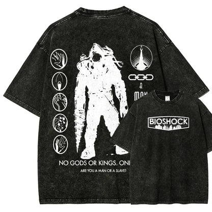 Classic Retro Shooting Game Bioshock Peripherals Graphic Print T-shirt Men Women New Harajuku Wind Tee Vintage Washed Cotton Top