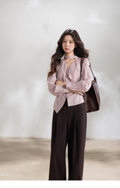 Women's Purple Sweet Shirts 2026 Spring Ribbon V-Neck Ruffled Asymmetrical Shirt Back Lace-up Waist Casual Top MXF13X2527