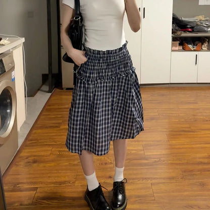 Vintage Plaid Mini Skirt Women Harajuku Aesthetic Patchwork Knee Length Skirts Summer Korean High Waist A Line Faldas New
