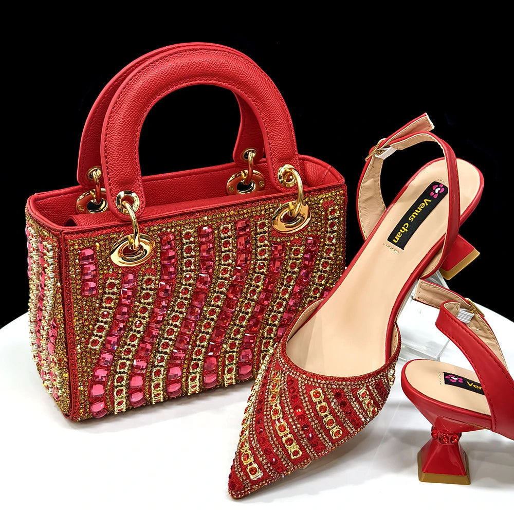 2025 Elegant Multicolor Color Women's  Heels and Rhinestone Handbag Set - Italian Design for Weddings and Parties