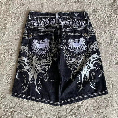 2026 American New Geometric Cherry Blossom Embroidery Wash Jeans Shorts Women Y2K Gothic Hip Hop Popular Casual Joker Shorts