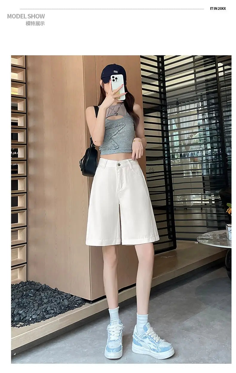 Women's 2026 Summer White Five-Point Denim Shorts Korean Y2K High Waist Loose Slimming Stretch Straight Leg Jeans