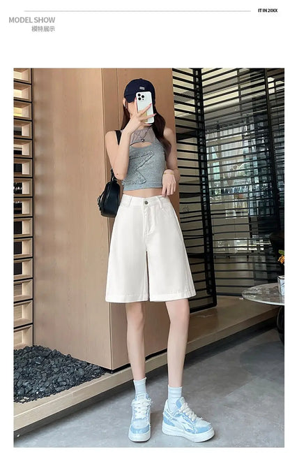 Women's 2026 Summer White Five-Point Denim Shorts Korean Y2K High Waist Loose Slimming Stretch Straight Leg Jeans