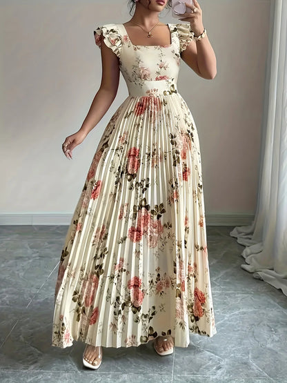 Elegant Beige Floral Pleated Midi Dress with Ruffle Square Neck and Stretch High Waist Slim Fit Party Evening Gown