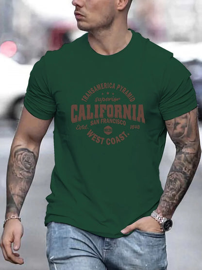 Men's 100% cotton casual sports loose fit California West Coast print round neck short sleeved T-shirt top
