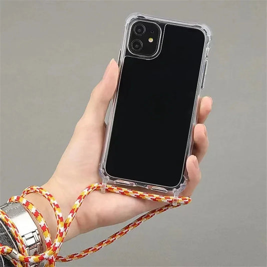 جراب صلب شفاف بحبل تعليق متقاطع لهاتف آيفون 16 15 14 13 12 11 برو ماكس XS XR غطاء ناعم وشفاف