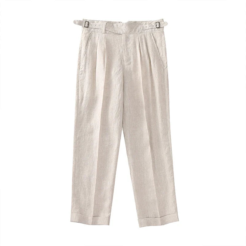 Men's 100% Linen Gurkha Pants - Italian Casual Style, Straight Leg, Relaxed Fit with Adjustable Waist, Old Money Aesthetic