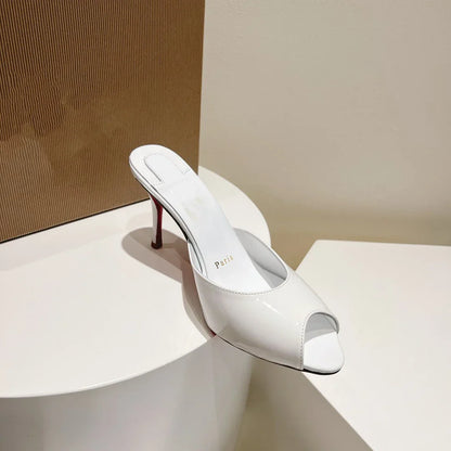 New patent leather nude high heels stiletto round head open-toed fish mouth shoes sexy outer slippers women's muller shoes