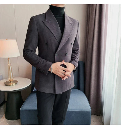 Classic Luxury Striped Men Suit Jacket Fashion Double Breasted Business Office Wedding Tuxedos Male High Quality Slim Fit Blazer