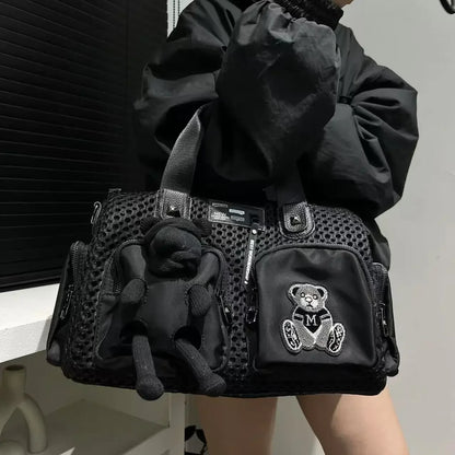 Ladies' fashionable mesh splicing casual handbag with multiple pockets, teddy bear doll, single shoulder diagonal cross bag