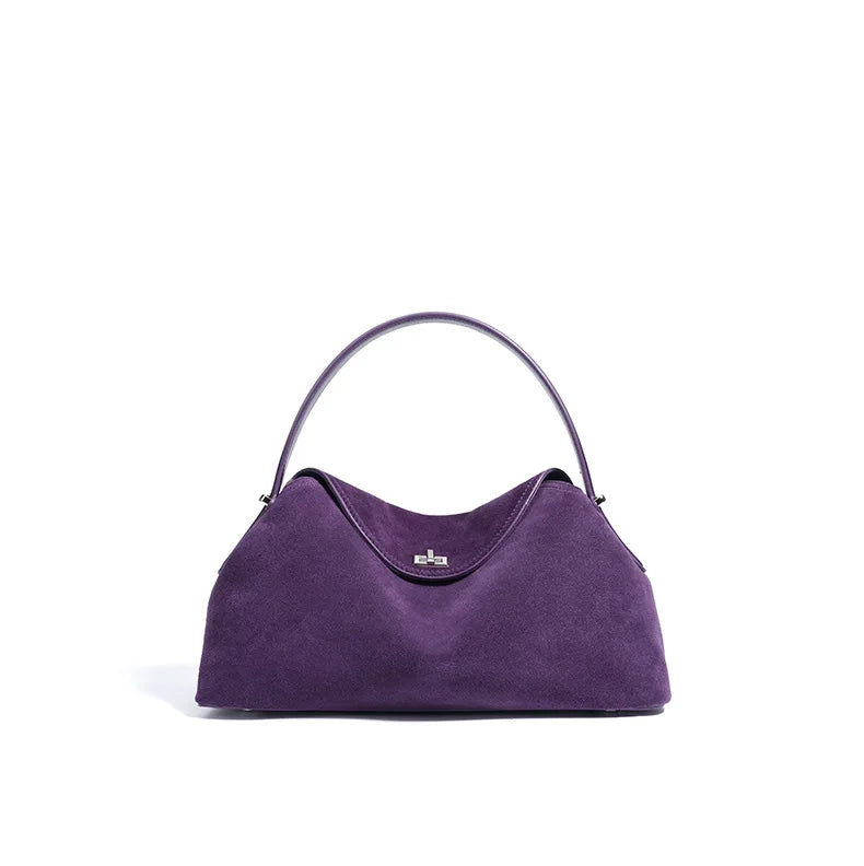 2026 Autumn Winter All-match Bowling Tote All-match Matte Suede Cowhide Leather Women Shoulder Bag Coffee Purple Noble Handbag