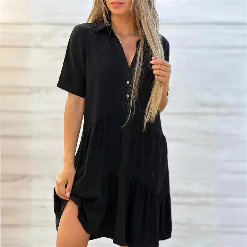 Women Cotton Linen Solid Color Dresses Lapel Button Patchwork Dress Summer Casual Commuter High Waist Short Sleeves Female Gown