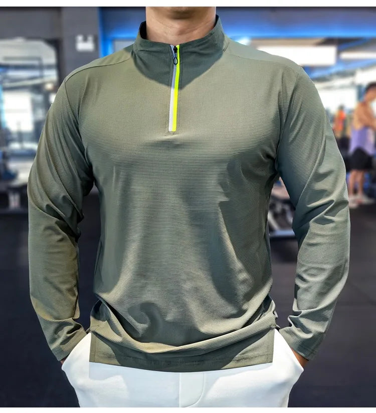Stand-up Collar Sports Long-sleeved Men Autumn Outdoor Running Gym Fitness Training Clothes Elastic Quick-drying Breathable Top
