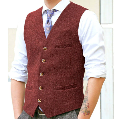 Men Vest Gray Herringbone Single Button With Pocket V Neck Waistcoat For Wedding Banquet Business Work Casual Daily Men Vest
