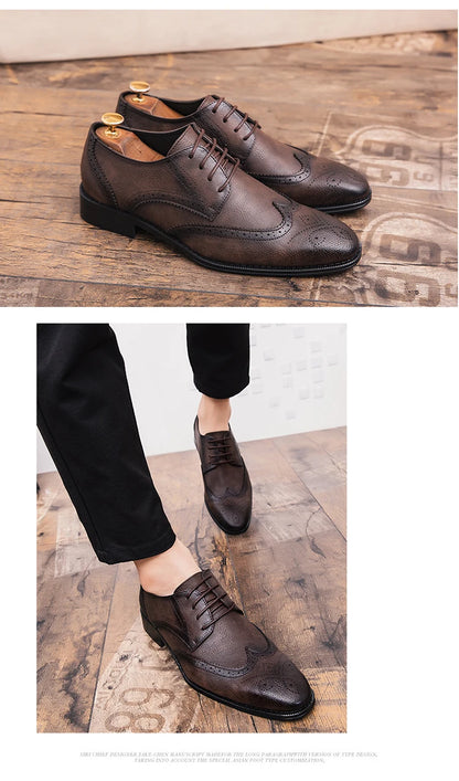 Lace-up casual leather shoes Men's wedding carved Brogues men's formal business pointed shoes Groom's leather shoes