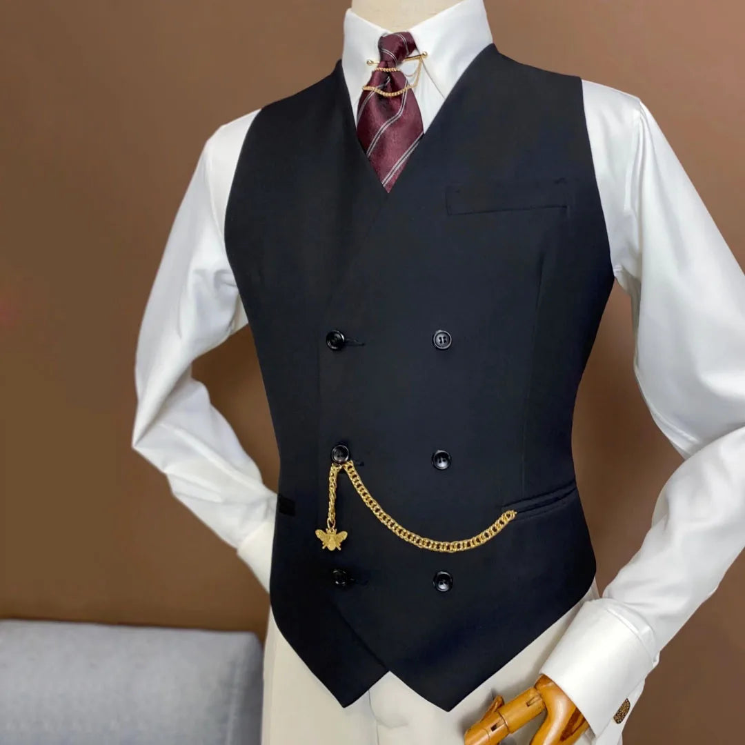 Men Vest Black Double Button V Neck Solid Waistcoat For Wedding Birthday Banquet Party Office Business Work Daily Men Suit Vest