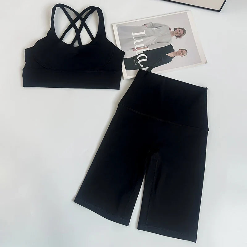 2 Pieces Yoga Shorts Gym Sports Sets Women Fitness Suits Cross Back Bra Top High Waist Shorts Running Workout Clothes Tracksuit