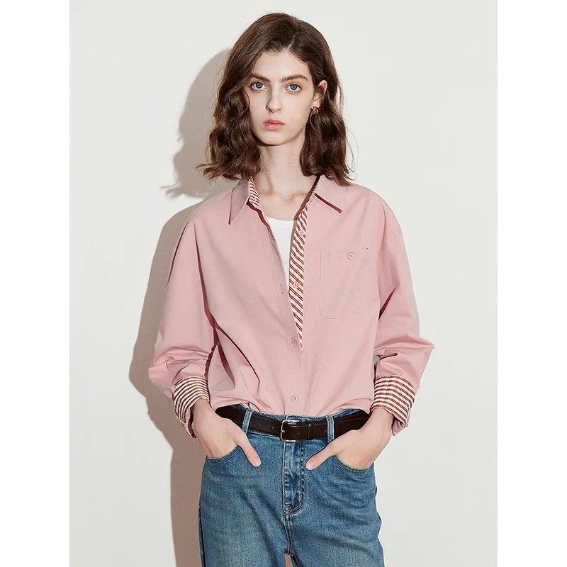 Women Striped shirt, spring 2025 new cavalry diagonal collar spliced pure cotton shirt