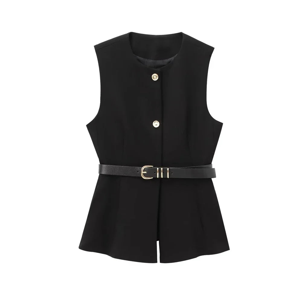 Women's Long Waistcoat with Belt, Front Gold Button, O Neck Sleeveless Vest, Female Outerwear, Chic Tops, Fashion