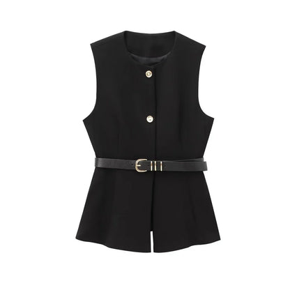Women's Long Waistcoat with Belt, Front Gold Button, O Neck Sleeveless Vest, Female Outerwear, Chic Tops, Fashion
