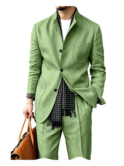 Men's Linen Blend 2 Piece Suit Set Stand Collar Breathable Casual Blazer Pants For Business Daily Wear
