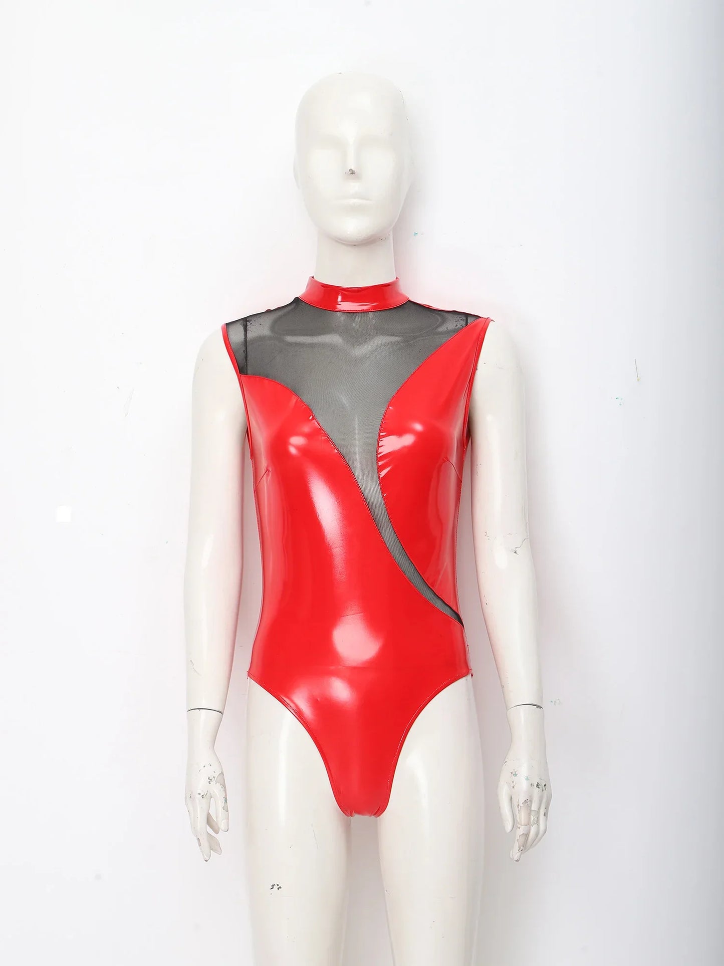 Womens Patent Leather Bodysuit Jumpsuit Sleeveless Invisible Zipper Back Mesh Patchwork Shiny Leotard for Disco Party Clubwear