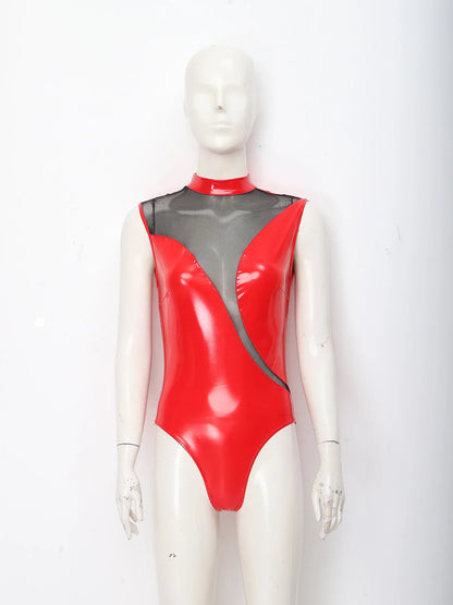 Womens Patent Leather Bodysuit Jumpsuit Sleeveless Invisible Zipper Back Mesh Patchwork Shiny Leotard for Disco Party Clubwear