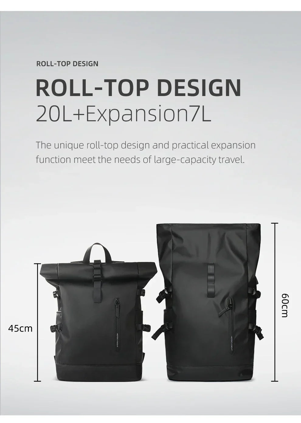 Heroic Knight Men's backpack Waterproof Roll Top Backpack Women Travel Expandable USB Charging Large Capacity Laptop Bag Mochila
